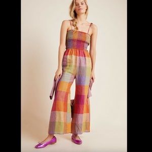 Anthropologie Linen Rainbow Plaid Romper